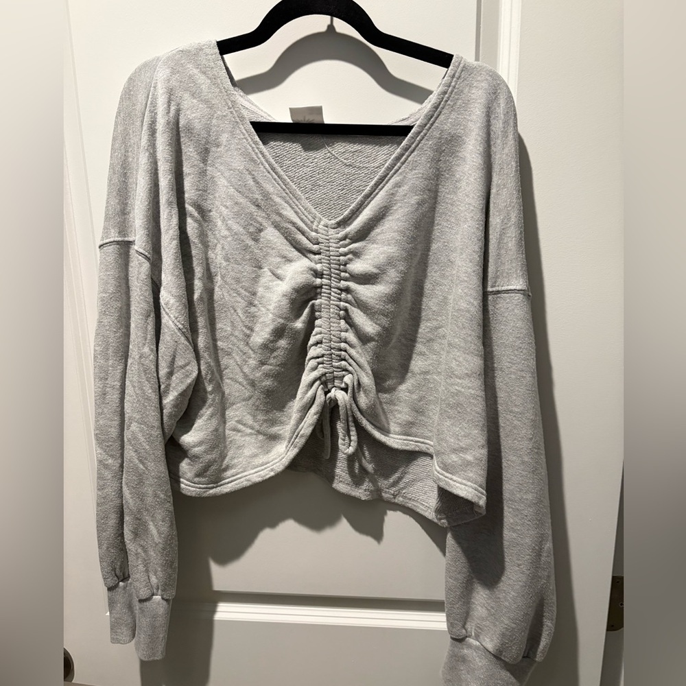 Gray Ruched cropped V-Neck terry sweatshirt